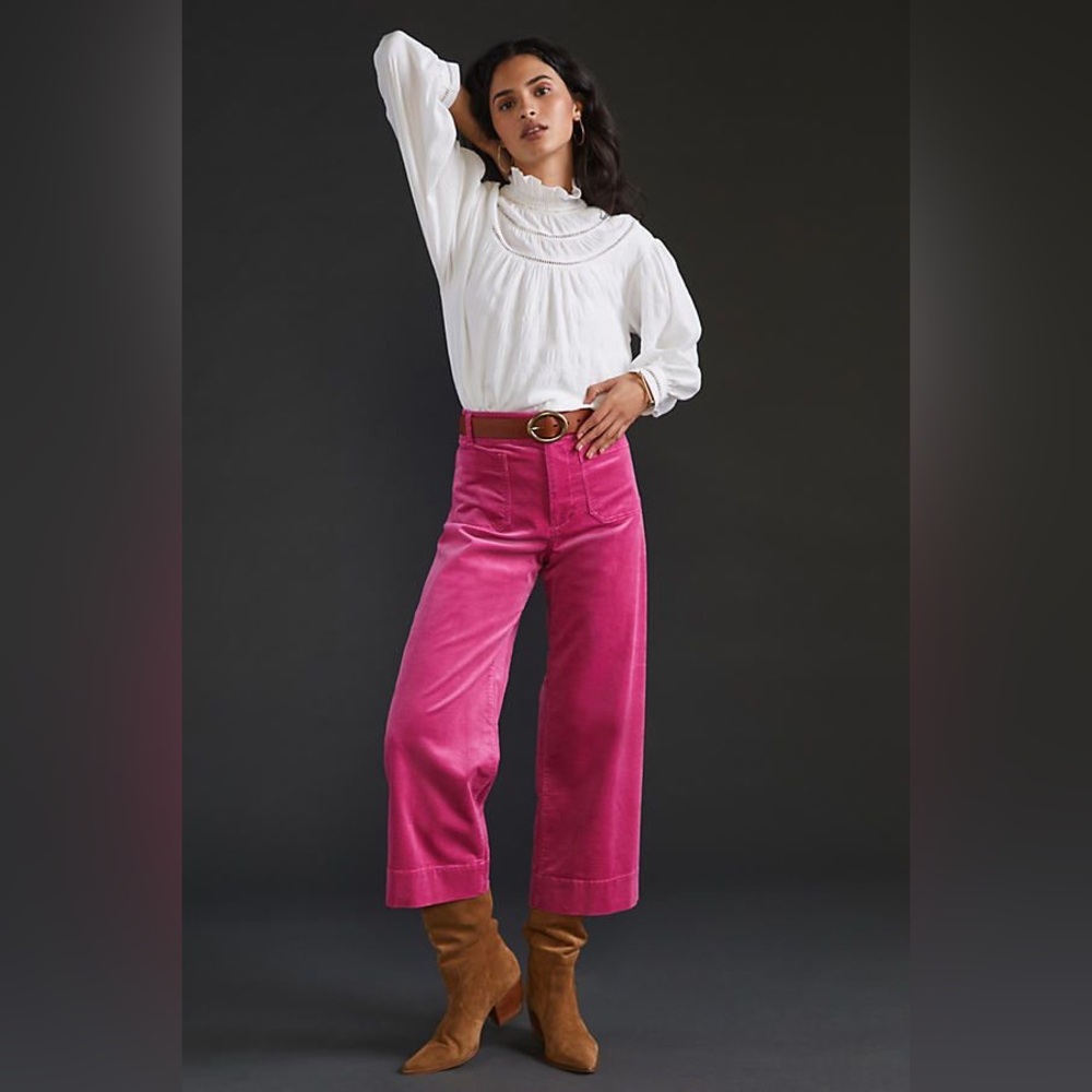 Anthropologie | Maeve The Colette Corduroy Crop Wide-Leg Pants | 27 | Fuchsia - Picture 5 of 8